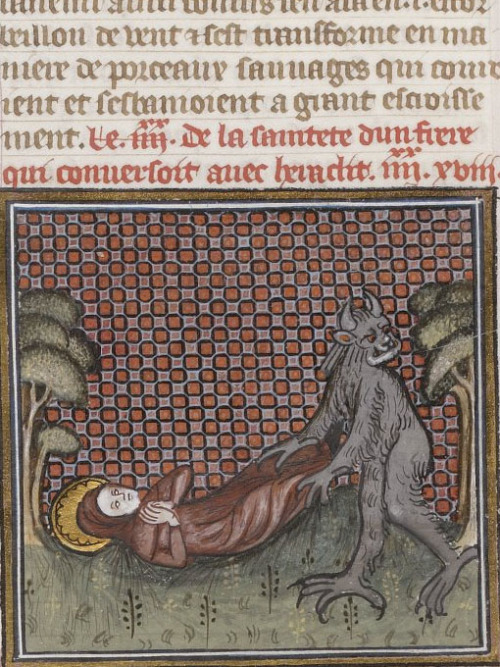 Bibliothèque nationale de France, Nouvelle acquisition française 15943, f. 75 (a hermit being dragged away by a demon). Vincent of Beauvais, Speculum historiale. Paris, c.1370-1380
