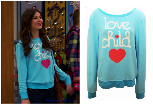 Victoria Justice wears this Love Child Wildfox Couture baggy beach jumper as Tori Vega. She Wears this in Season 4 Episode 1 Wanko&#8217;s Warehouse.   You can buy this HERE from Wildfox for $108