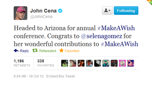 @JohnCena:&#8221;Headed to Arizona for annual #MakeAWish conference. Congrats to @selenagomez for her wonderful contributions to #MakeAWish&#8221;