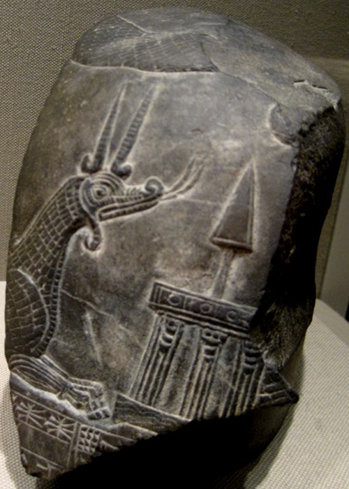 tammuz:<br/><br/>Mushussu (also known as Mushhushshu or Sirrush) is the Dragon of Babylon and one of two animals depicted on the Ishtar Gate. It is depicted here on a kudurru (boundary stone) with divine symbols. This limestone kudurru dates back to the Second Dynasty of Isin, 1156-1025 BC. Newly unearthed artifacts depicting the Mushussu or Mushhushshu that were kept in Babylon Museum in Iraq were stolen in mid October 2012. The Metropolitan Museum of Art, New York City, NY. <br/>Photo by Babylon Chronicle<br/>