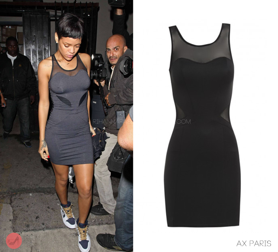 Here&#8217;s a similar mesh bodycon dress Rihanna was spotted with last week. Thanks to one of our visitors, you can get a cheaper version from AX Paris for just £20.00!
Thanks yvnnnnnn!