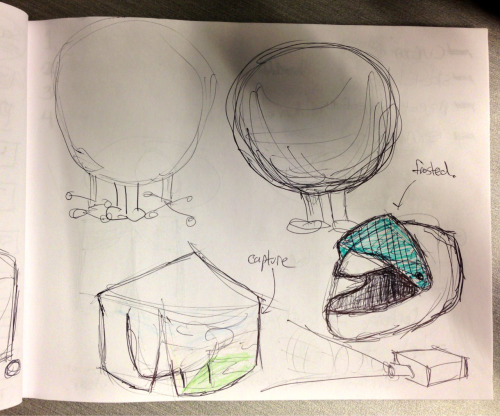 The top half of the page shows two drawings of a spherical device slightly smaller than a person, which covers the person wearing it from head to knee, showing only the sphere and the person’s legs. The device on the left has two sets of wheels on a crossbar, while the one on the right has no wheels. 
Below the spherical device on the right is a helmet similar to a motorbike helmet. An arrow, labelled “frosted,” points at the helmet’s visor. 
Below the helmet, at the bottom-right corner of the page, is a projector, projecting a beam of light to its left onto a triangular hat with a curtain-like trim. An arrow, labelled “capture,” points at the curtain at the right hand side of the hat. 
End of illustration.