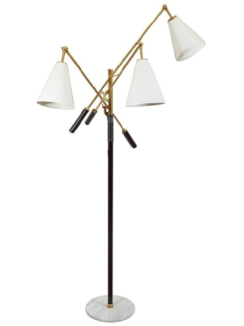 &#8216;Triennale&#8217; floor lamp, 1950s. In brass with leather handles, white enameled shades and a marble base, this lamp perfectly displays Sarfatti&#8217;s bold and masterful use of diverse materials.