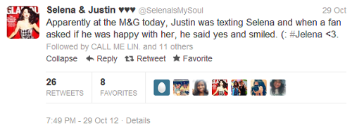  &#8220;Apparently at the M&amp;G today, Justin was texting Selena and when a fan asked if he was happy with her,he said yes and smiled . (:#Jelena &lt;3.&#8221; 