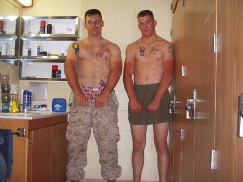 thecircumcisedmaleobsession:

I can’t decide which Marine hottie I’d have, so I’ll just have both of them fuck me. :D
