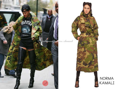 Rihanna was spotted leaving her hotel and heading over to perform for the Victoria&#8217;s Secret Fashion show in New York wearing a Norma Kamali camouflage coat, Christian Louboutin knee high boots, and a t-shirt by Trapstar.