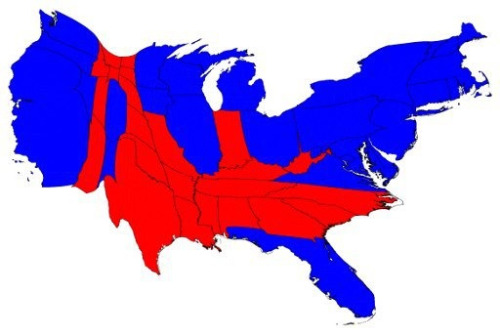 dormauz:

The US Electoral map resized to represent the population of each state.

I&#8217;d just like to point out that Indiana is almost exactly the correct size.