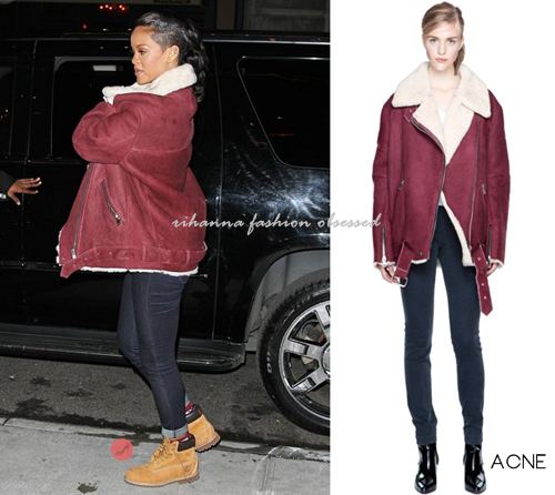 Rihanna was seen arriving for SNL rehearsals wearing boots by Timberland, a Babylon Cartel camouflage underneath her burgundy jacket by Acne.