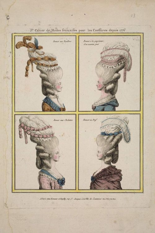 Bonnets since 1776, 1778 France, Gallerie des Modes et Costumes Français
Row 1: Bonnet aux Bouillons, Bonnet à la paysanne d&#8217;un nouveau gout
Row 2: Bonnet aux Clochettes, Bonnet au Pouf
