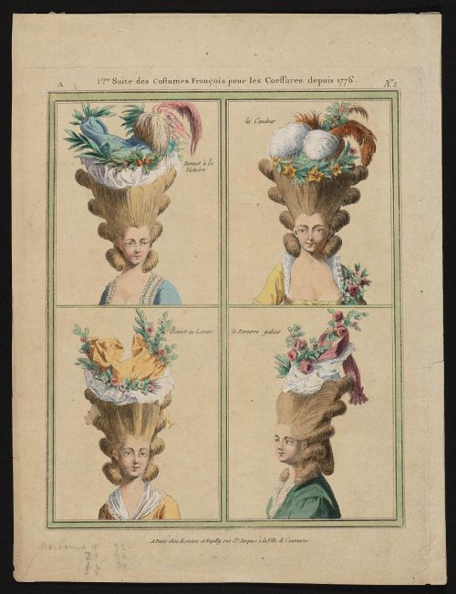 Bonnets since 1776, 1778 France, Gallerie des Modes et Costumes Français
Row 1: Bonnet à la Victoire, la Candeur
Row 2: Bonnet au Levant, le Parterre galant