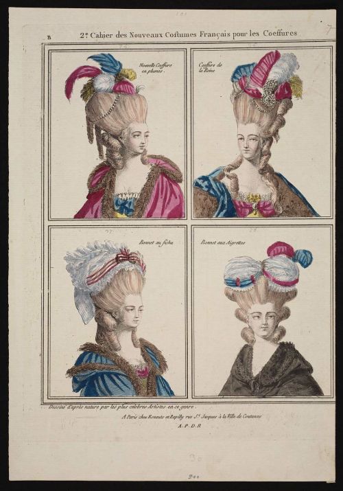 Bonnets and coiffures, 1778 France, Gallerie des Modes et Costumes Français
Row 1: Nouvelle Coeffure en plumes, Coeffure de la Reine
Row 2: Bonnet au fichu, Bonnet aux Aigrettes