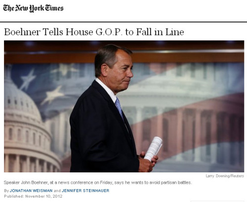NYT - 'Boehner Tells House G.O.P. to Fall in Line'