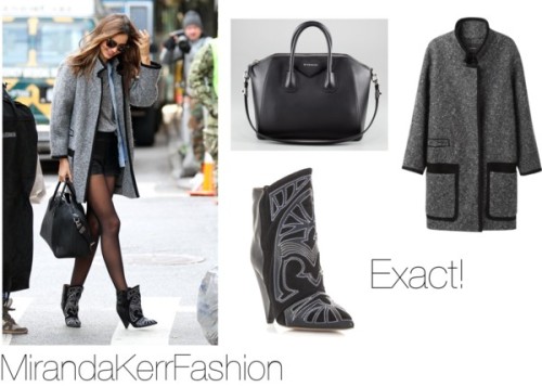 Miranda was photographed walking around NYC wearing this isabel marant wool coat, this givenchy bag, and these isabel marant berry boots. Also paired with: denim button up, leather shorts and sheer tights. 