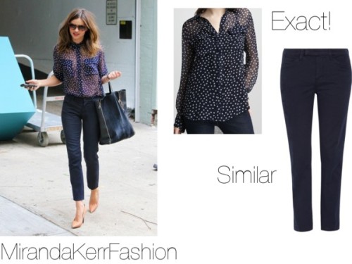 Miranda was spotted wearing this sold out equipment blouse, and a pair of cropped blue jeans. Here is a similar version from J brand. <br /> 