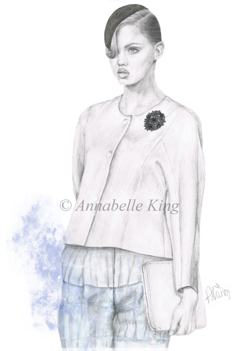 New fashion illustration of Lindsey Wixson in Armani&#8217;s spring/summer 2013 fashion show in Millan.Completed using pencil and watercolour.By Annabelle Kingx
