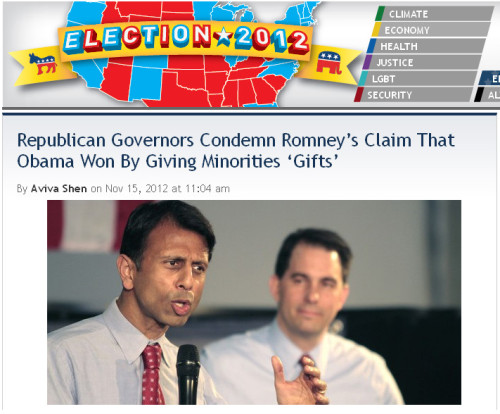 ThinkProgress - 'Republican Governors Condemn Romney’s Claim That Obama Won By Giving Minorities 'Gifts'.'