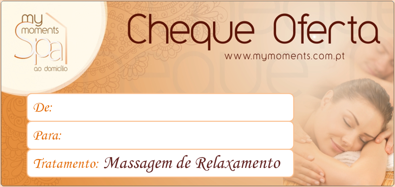 Cheque Oferta de uma Massagem de Relaxamento na zona de Lisboa e Setúbal
My Moments Spa
Facebook
Site
e-mail