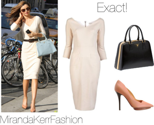 While visiting Vogue Miranda wore this sold out Victoria Beckham dress, this exact prada bag in blue, &amp; these sold-out asymmetrical Lanvin pumps. Here is a dress for less version! <br /> 