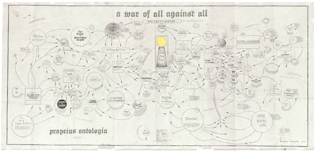 A War of All Against All, William Powhida and Jade Townsend, Graphite on vellum, 9&#8217; x 5&#8217;, 2012.  Courtesy of Poulsen Gallery, DE.  Click through for a high-resolution image. 