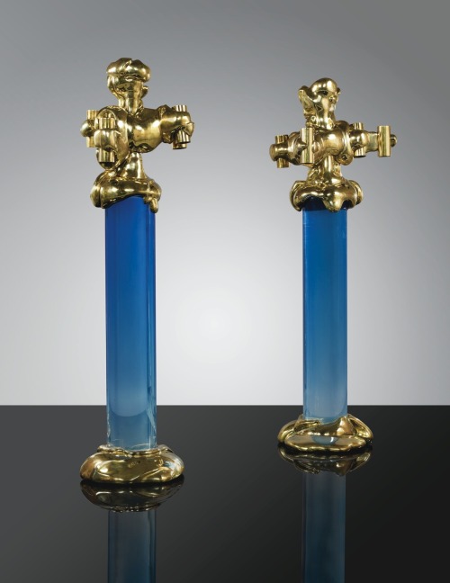 These gilt bronze and blue plexiglass floor lamps are over the top!  Designed by César and Jean-Claude Farhi in 1970, they are being sold today at Sotheby&#8217;s, Paris for 60,000- 80,000€.