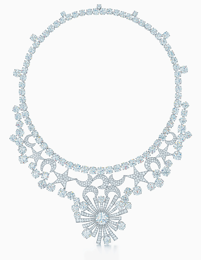 Jean Schlumberger’s Stars and Moons necklace presents a constellation of light with a center diamond of 5.29 carats and 586 surrounding diamonds. 