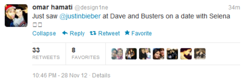 
@design1ne: Just saw @justinbieber at Dave and Busters on a date with Selena 😱😩

