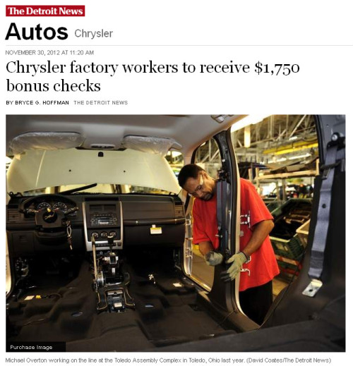 Detroit News - 'Chrysler factory workers to receive $1,750 bonus checks'