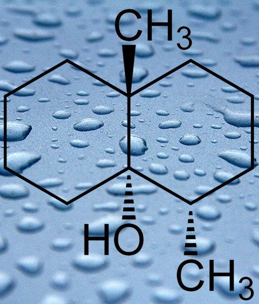 The chemical structure of geosmin, the compound behind the smell of the Earth after rain, which itself is known as petrichor. Geosmin is a compound released by certain soil bacteria called Actinomycetes, and falling rains cause it to be released into the air. We are sensitive to 10 parts per trillion, or one drop in an Olympic-sized swimming pool.
Next time you’re dancing in the rain with someone you love, tell them how much you like the smell of (4S,4aS,8aR)-4,8a-Dimethyl-1,2,3,4,5,6,7,8-octahydronaphthalen-4a-ol.