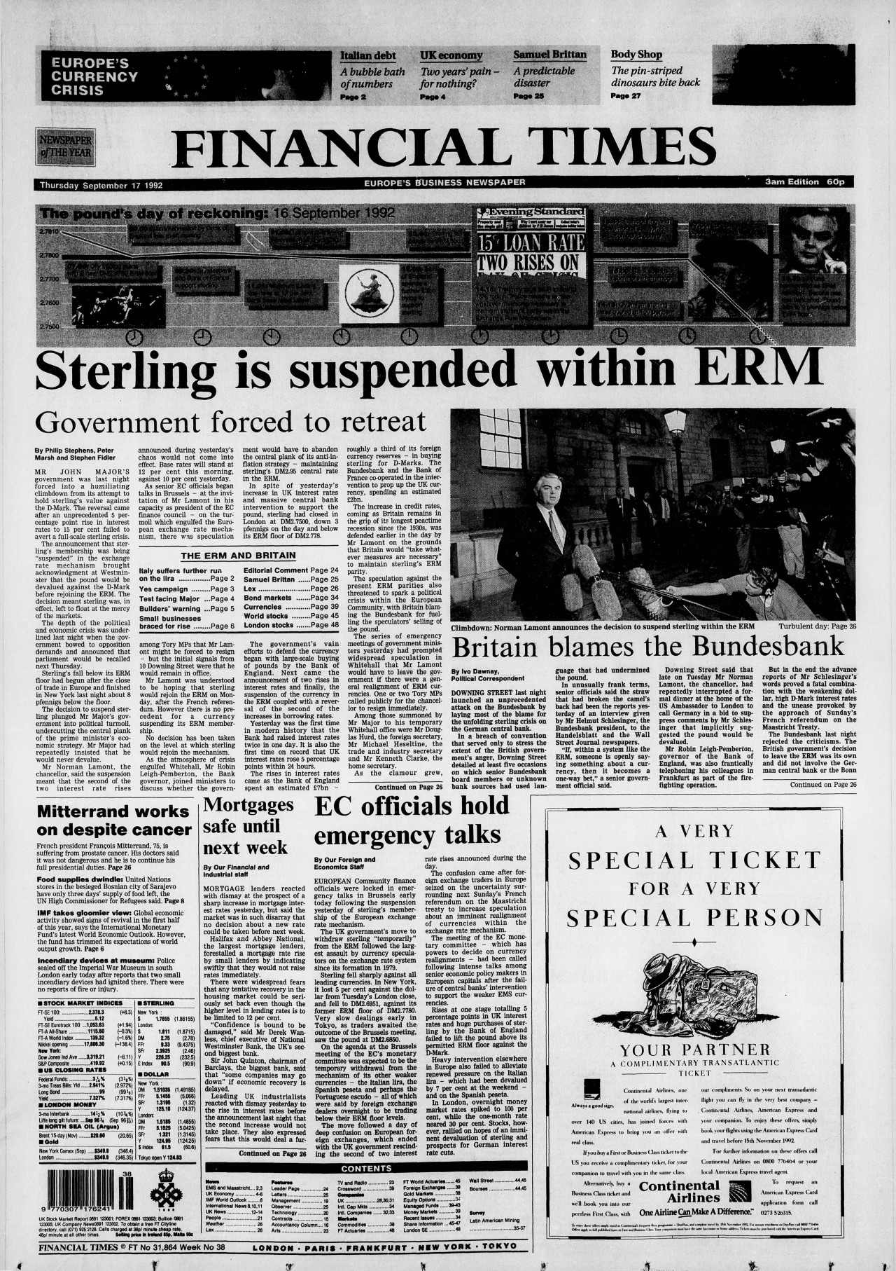Financial Times front page on September 17 1992