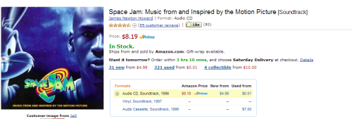 I invite you all to share in my sadness. Space Jam is available on CD, cassette and vinyl but not as an MP3. Unbelievable. 
