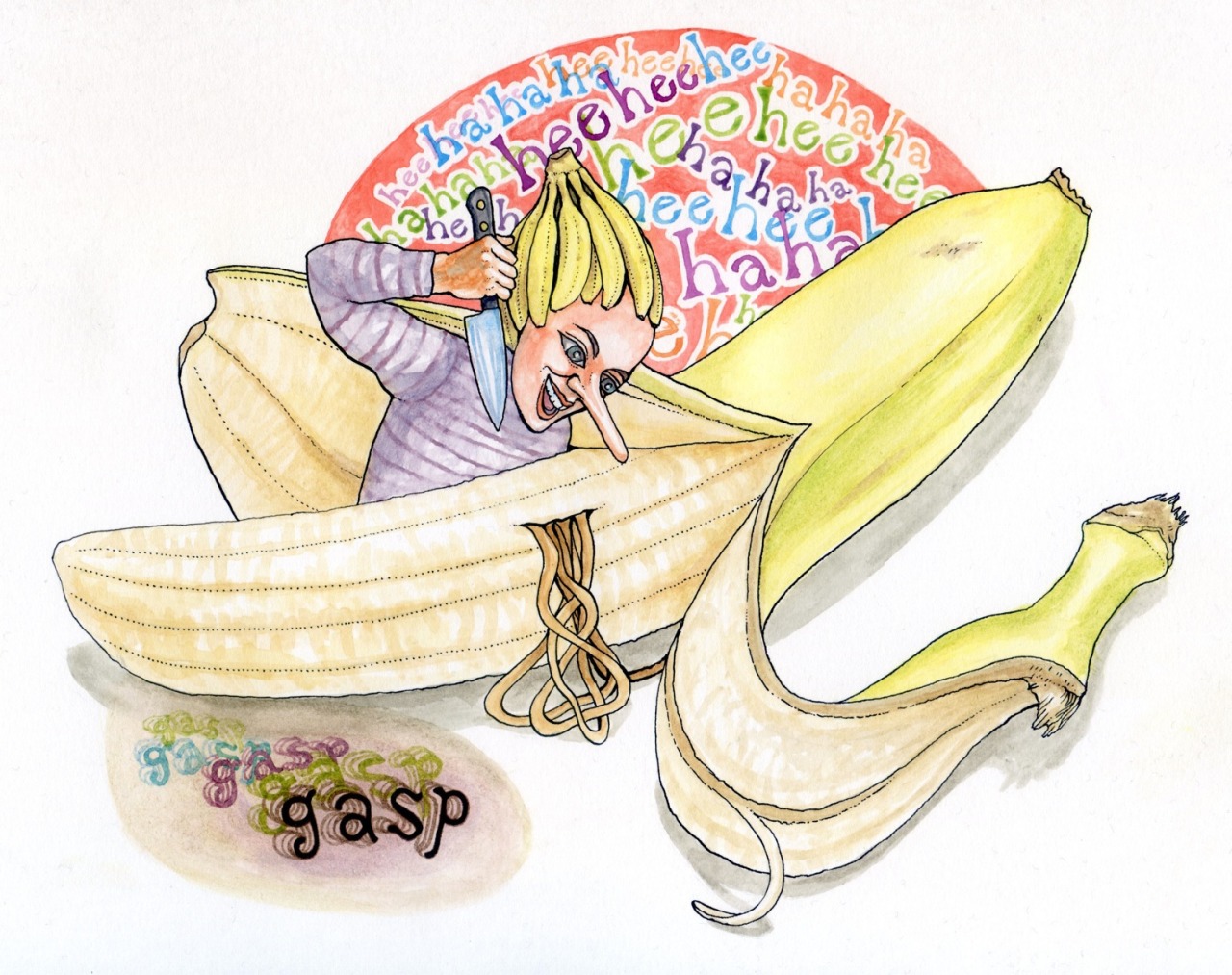 Banana Gut Spiller by Noel Badges Pugh ink &amp; watercolor