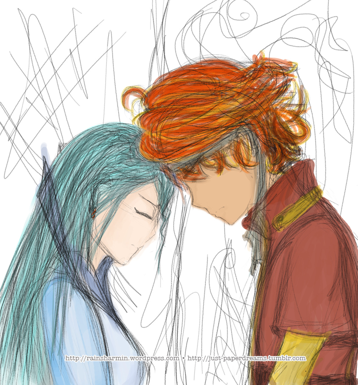 fire and ice. (rough sketch of characters from my WIP novel)