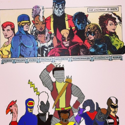 A real comic panel contrasted with a drawing of the X-Men with literal interpretations of their names. Rachel Grey's Phoenix is a phoenix bird, Cyclops has one large visor as if to fit a giant eye, Storm is a cloud with a lightning bolt, Wolverine is drawn as a real wolverine, Colossus is made up to be the Colossus of Rhodes, Nightcrawler is an earthworm, Shadowcat is a cat and Rogue is dressed like the Hamburgler. Lockheed is just hanging out, being a cool dragon 'n' shit.