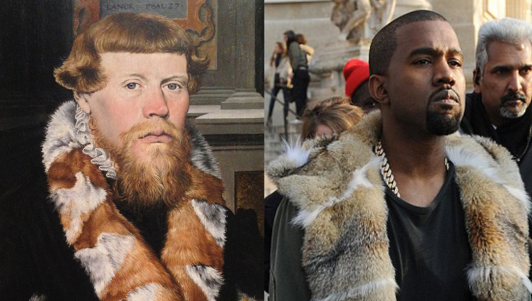 Left: detail of Christ Blessing surrounded by a Donor Family. Unknown German Painter 1560 - Right: Kanye West
