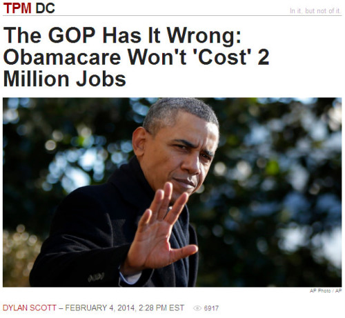 TPM -The GOP Has It Wrong: Obamacare Won't 'Cost' 2 Million Jobs
