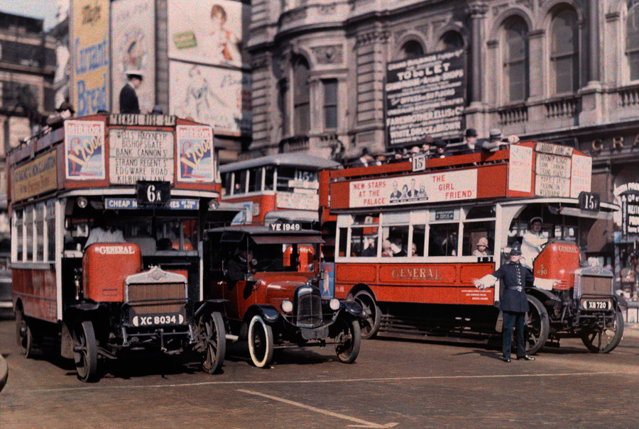 A policeman directs buses in the intersection of Trafalgar Square in London, May 1929.Photograph by Clifton R. Adams, National Geographic