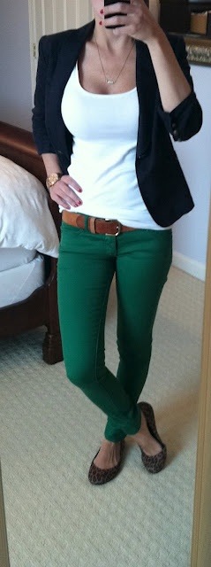 Navy Blazer White Shirt Green Skinny Jeans and Animal Print Shoes ...