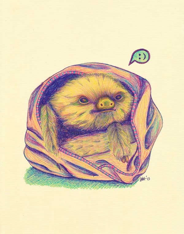 "Comfy Sloth" by Gillesse UkardiBallpoint pen on linen textured paper. 8x10 inches. 2013. http://www.gillesse.ca/