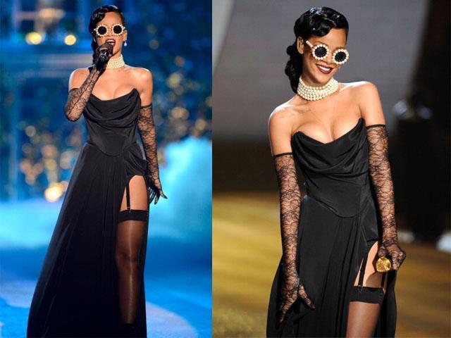 UPDATE: Back inNovember for her performance for Victoria Secrets fashion show, Rihanna wore a black corset by designer Vivienne Westwood which was then altered into a dress by Adam Selman.




Last night, Rihanna performed at the annual Victoria’s Secret Fashion Show in New York City, looking stunning in a Vivienne Westwood couture silk taffeta black corset paired with a Vivienne Westwood pearl necklace. - via Facebook





Thank you Sirmeowingtonz for the info, Kindly appreciate it!