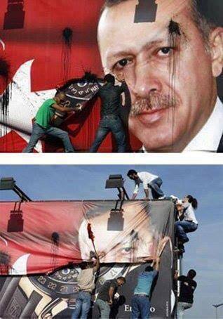 Protesters tearing down Prime Minister Erdogan posters and banners -location unknown,