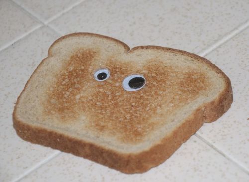 Slice of toast with googly eyes