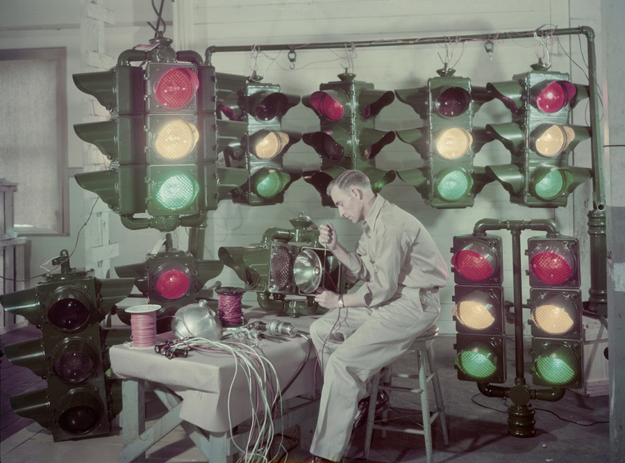 Traffic lights are made in Shreveport, Louisiana, and sent around the U.S. and abroad, December 1947.Photograph by J. Baylor Roberts, National Geographic