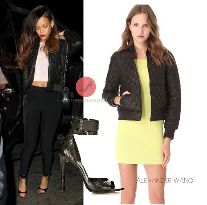 Can she be anymore cute?! Rihanna yesterday night was spotted at the Roxbury  wearing a quilted detailed Alexander Wang puff bomber jacket, she paired this look with a pair of slim fit black bottoms, a pink knit crop top, her favourite Chanel strap cross bag and lastly she wore another Alexander Wang design the &#8216;Aminata&#8217; ($625) a open toe sandal with a dual strap ankle cuff and yellow gold hardware. She also accessorised with her custom made necklace in honour of her Grandma.