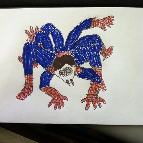 Spider-man drawn as if he were a real spider, eight limbs and all