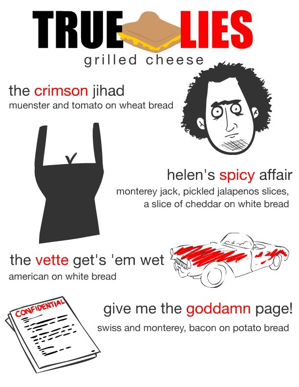 for my ladies 30th birthday we watched ‘true lies’. i also made this themed grilled cheese menu. -ben. 