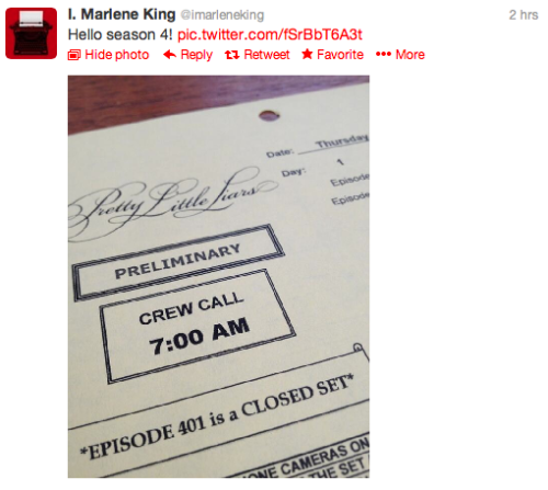 Forgot to post this up yesterday! 

Malrene King posted this on Twitter! Season 4 has started Liars! x