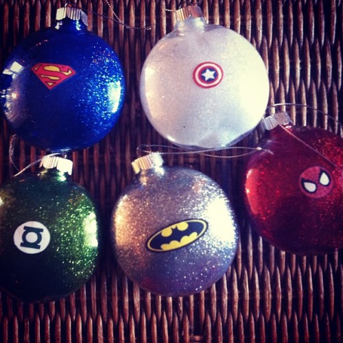 I got to open a present early! My sis made these awesome superhero ornaments. #DIY