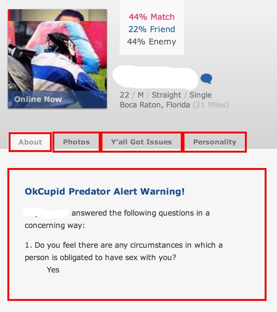 Screenshot of Predator Alert Tool for OkCupid displaying a warning box on an OkCupid user's profile page.