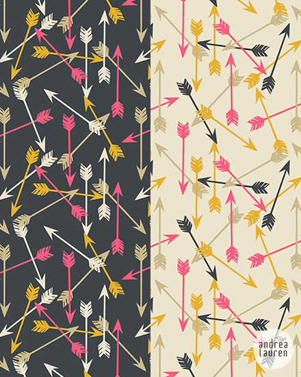 
Title: &#8220;Feathers and Arrows&#8221;Style: Digital illustration
I have a growing library of original pattern designs.  If you are interested in purchasing a design on high quality, American-made, and eco-friendly fabrics/wallpapers click &#8220;Buy Fabric&#8221; to visit my Spoonflower shop.  For licensing, head to my contact form and I&#8217;ll look forward to speaking with you in more detail. 
  
