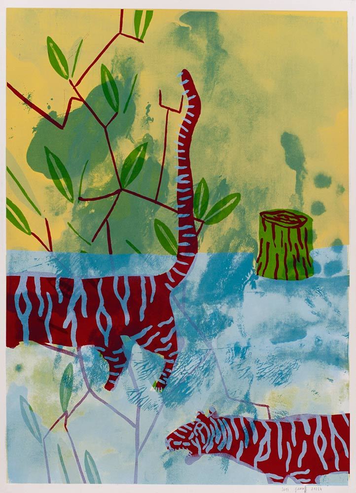 two half-tigers silkscreen - 50x70cm - 6 colors marion jdanoff (tumblr)